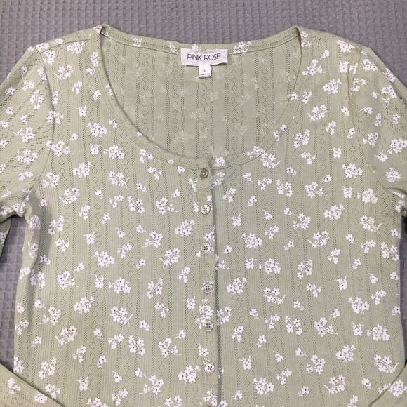Pink Rose Shirt Large Sage Ditsy Floral Button up Crop Pointelle Y2K Boho - Picture 2 of 8